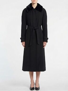 UTEX Black Long Belted Coat with Removable Fur Collar and Lining - Sz 16